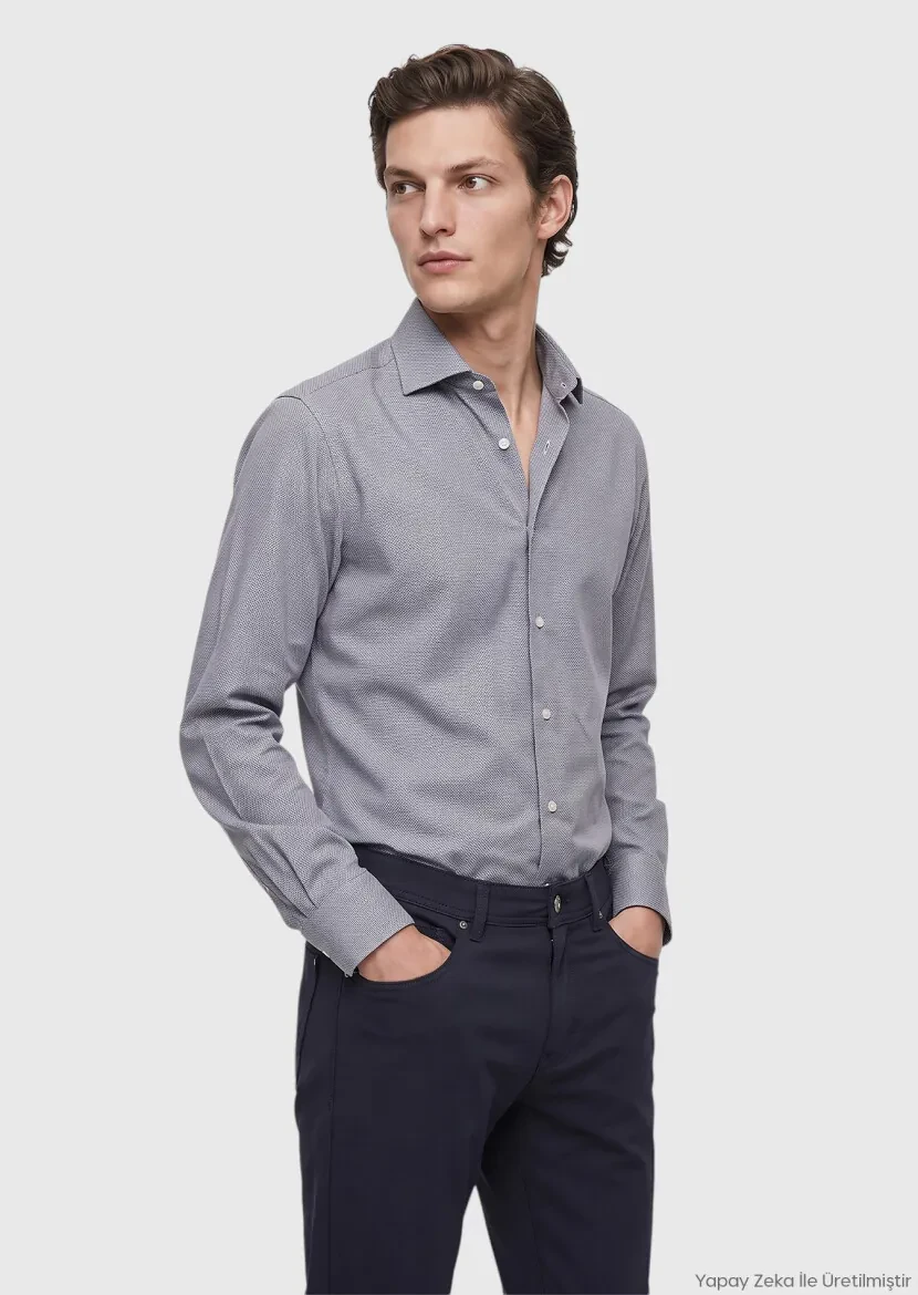 Navy Blue Micro Regular Fit Long Weaving Classical 100% Cotton Shirt - RAMSEY