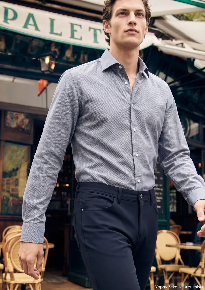 Navy Blue Micro Regular Fit Long Weaving Classical 100% Cotton Shirt - RAMSEY