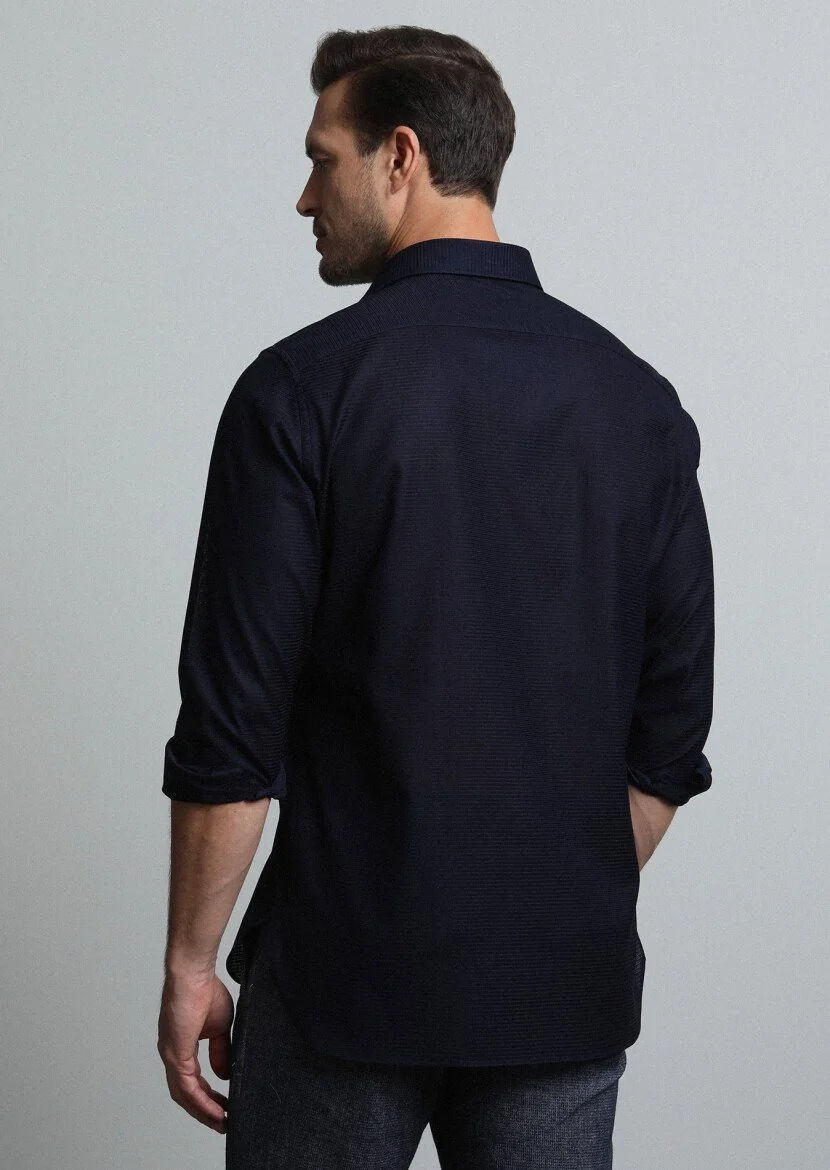 Navy Blue Micro Regular Fit Weaving Classical 100% Cotton Shirt - 5