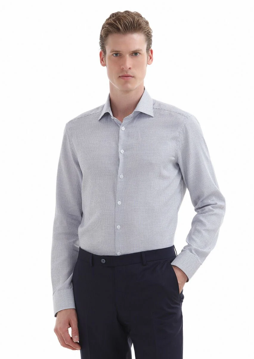 Navy Blue Micro Regular Fit Weaving Classical 100% Cotton Shirt - 2