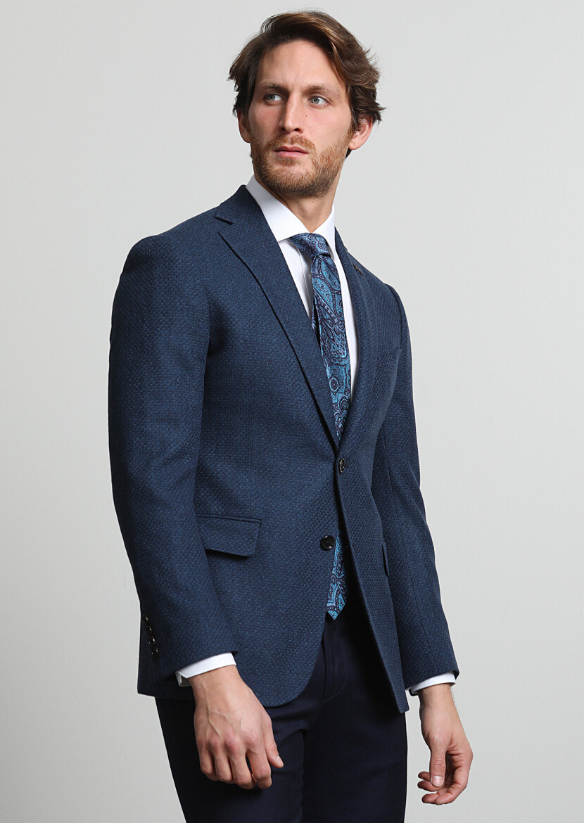 Navy Blue Micro Regular Fit Wool Blended Jacket - 1