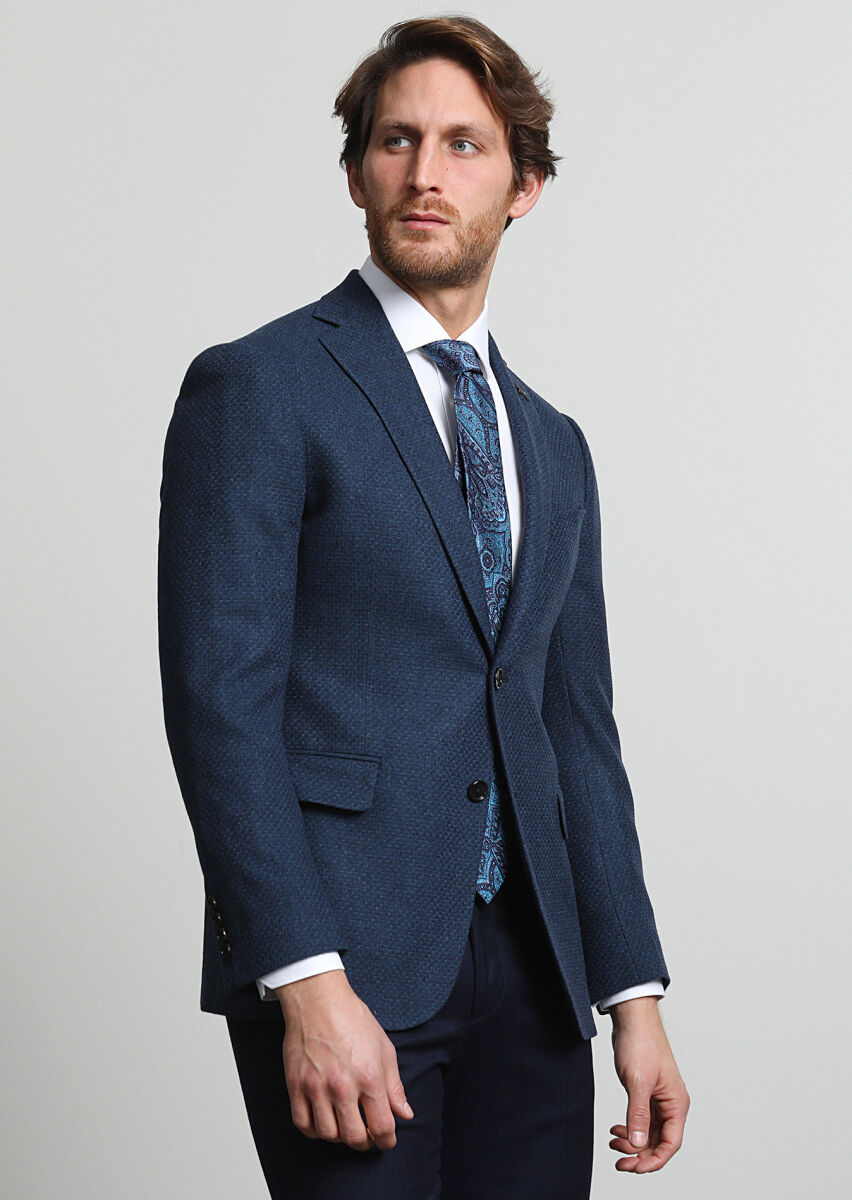 Navy Blue Micro Regular Fit Wool Blended Jacket - 1