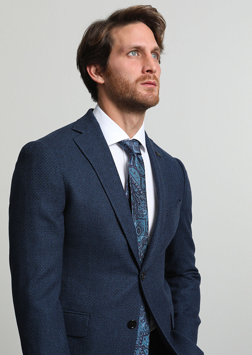 Navy Blue Micro Regular Fit Wool Blended Jacket - 2