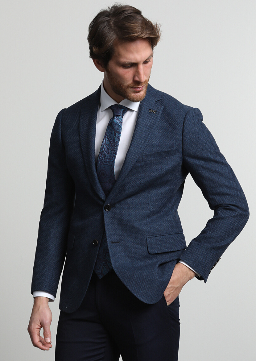 Navy Blue Micro Regular Fit Wool Blended Jacket - 3