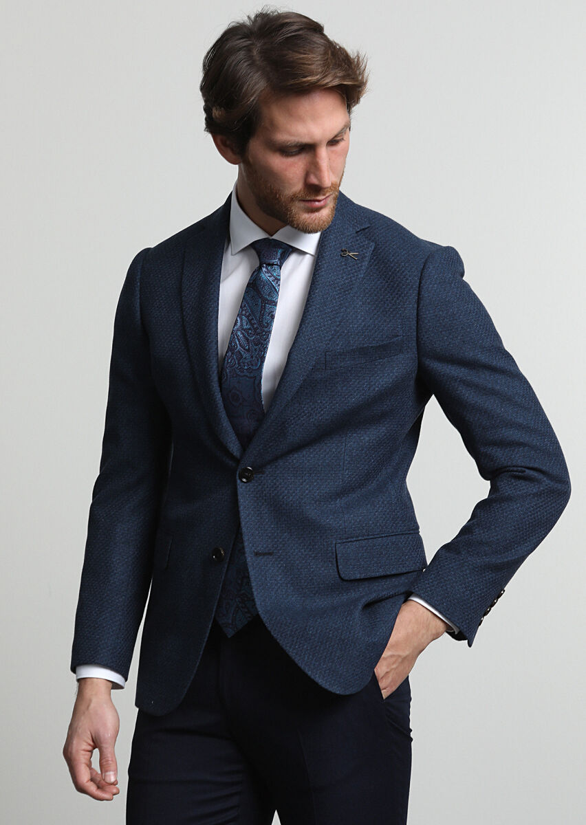 Navy Blue Micro Regular Fit Wool Blended Jacket - 3
