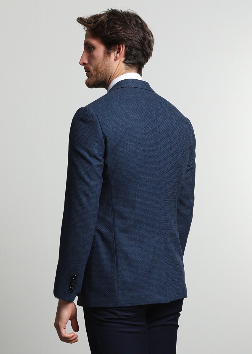 Navy Blue Micro Regular Fit Wool Blended Jacket - 4