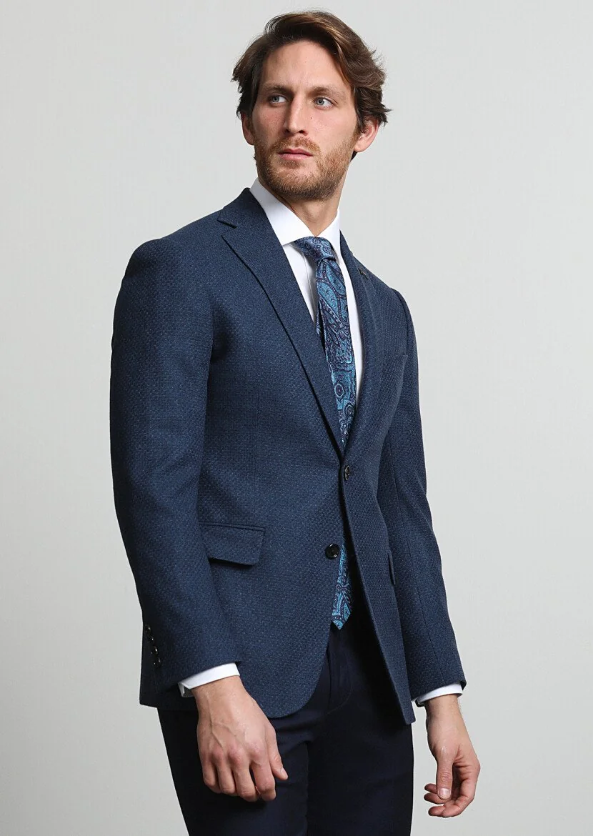 Navy Blue Micro Regular Fit Wool Blended Jacket - 1