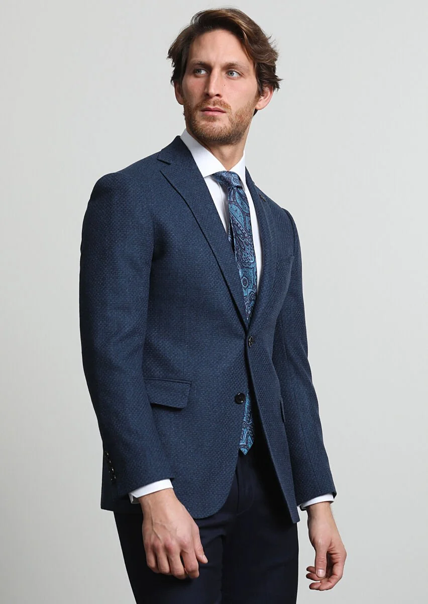 Navy Blue Micro Regular Fit Wool Blended Jacket - 1