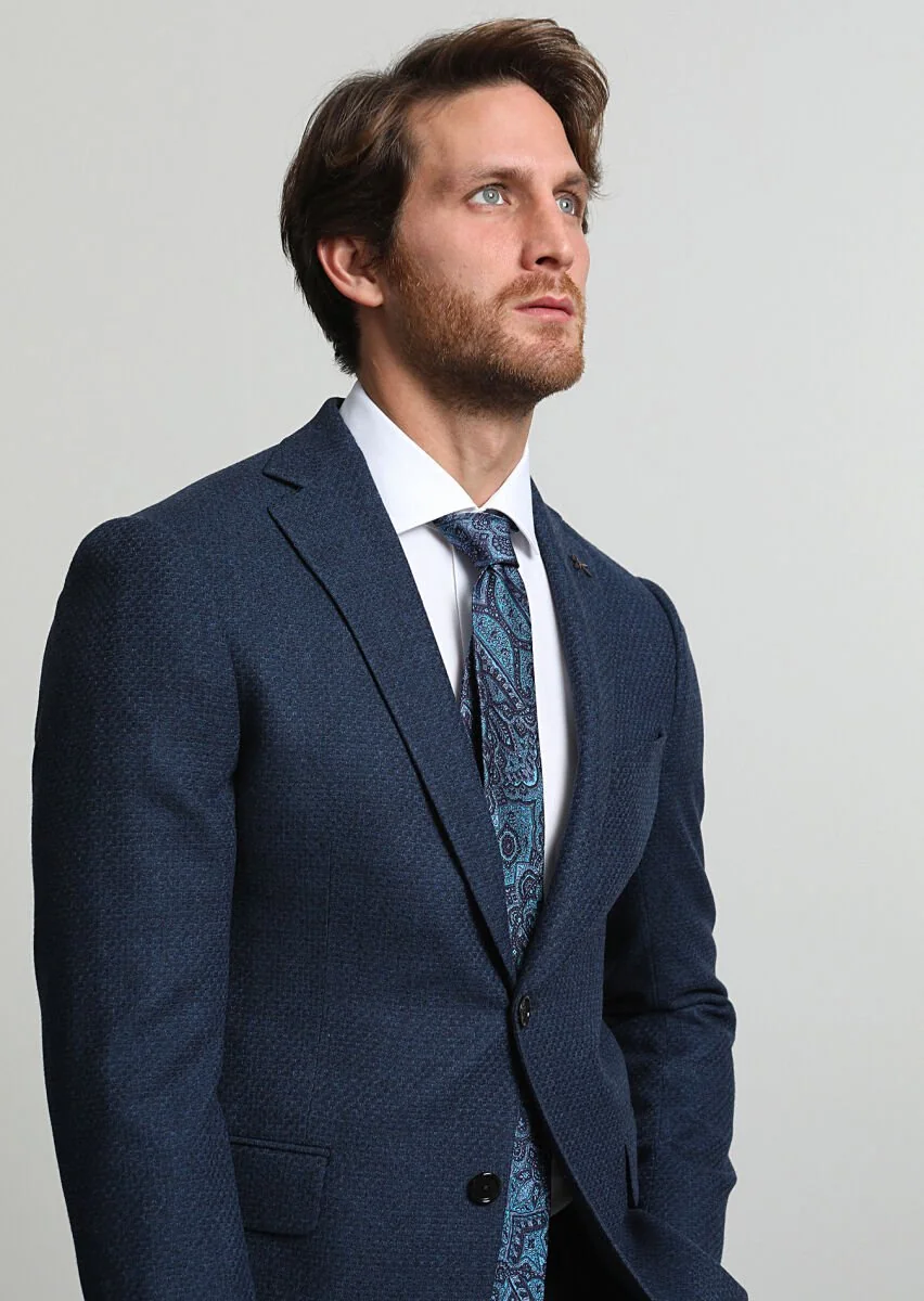 Navy Blue Micro Regular Fit Wool Blended Jacket - 2