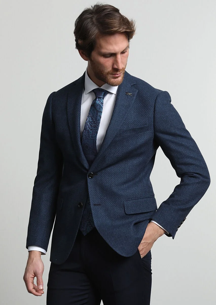 Navy Blue Micro Regular Fit Wool Blended Jacket - 3