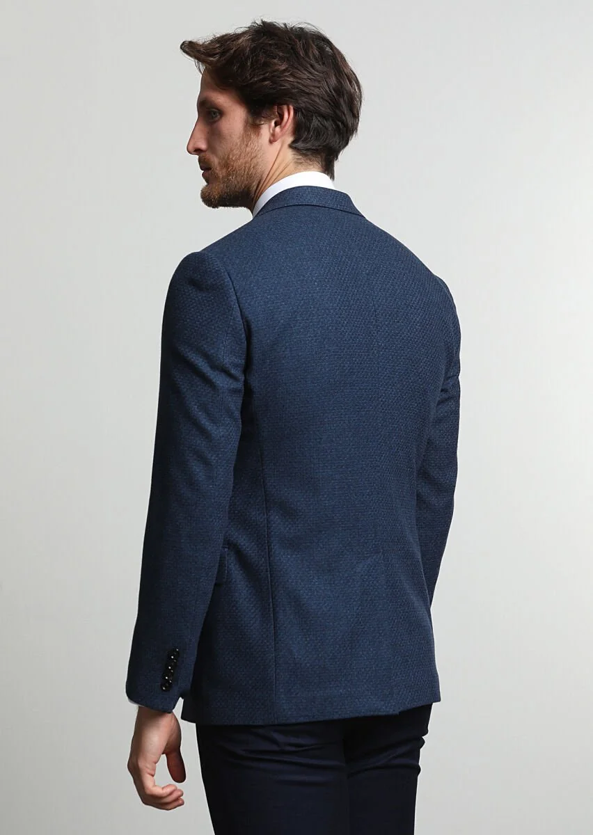 Navy Blue Micro Regular Fit Wool Blended Jacket - 4