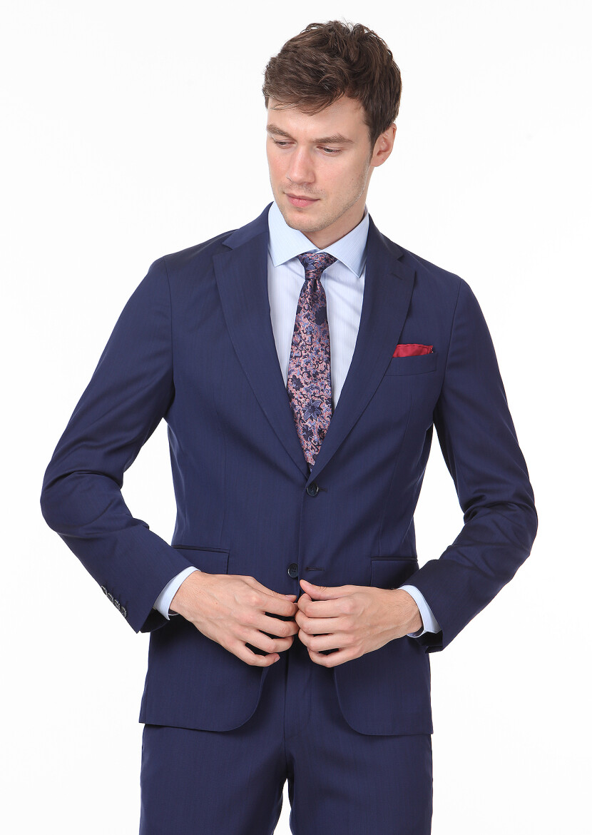 Navy Blue Micro Shirt Sholuder-Slim Fit Wool Blended Suit - 1