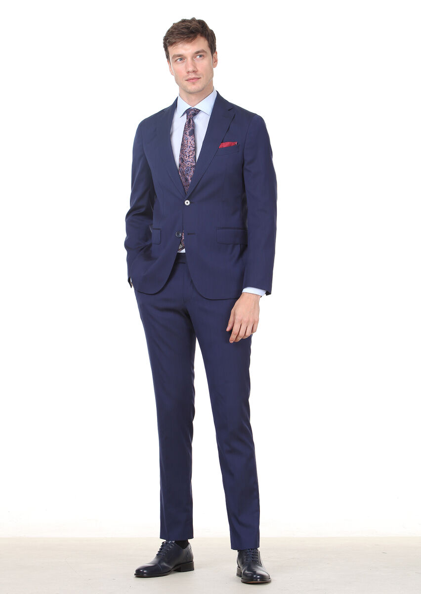 Navy Blue Micro Shirt Sholuder-Slim Fit Wool Blended Suit - 2