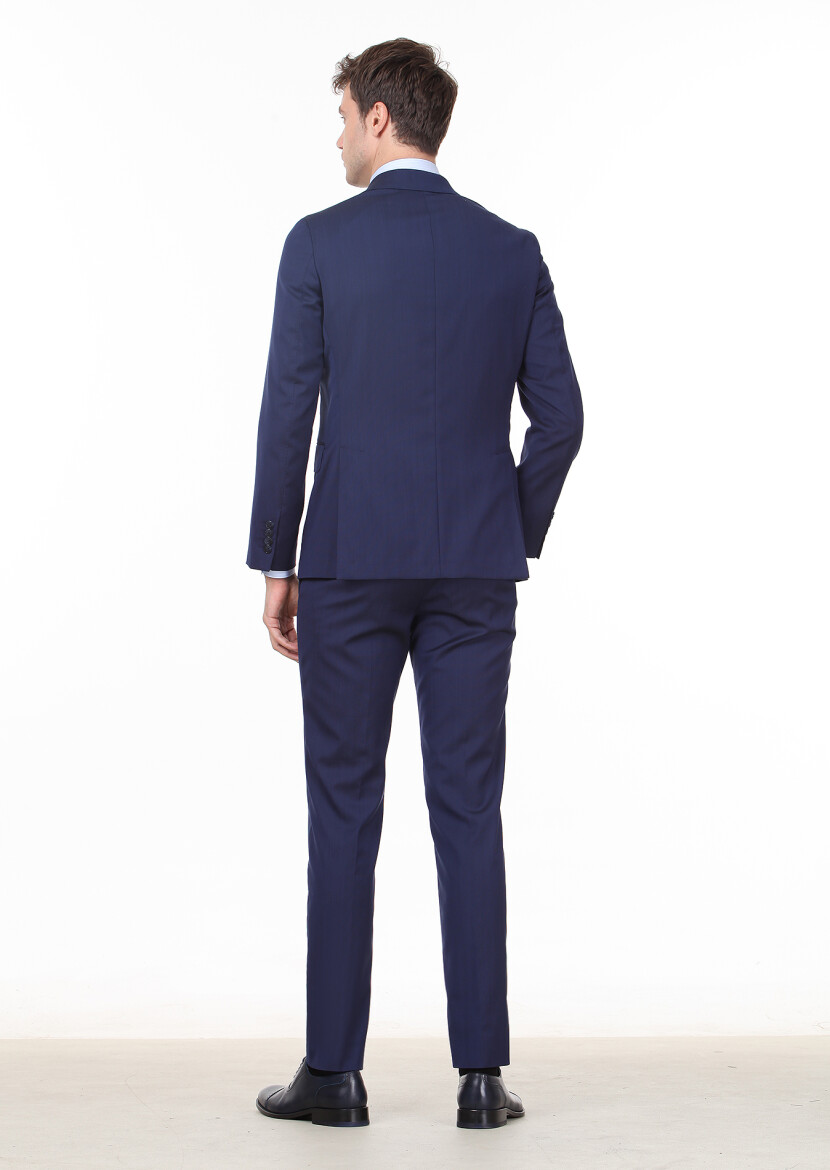 Navy Blue Micro Shirt Sholuder-Slim Fit Wool Blended Suit - 4