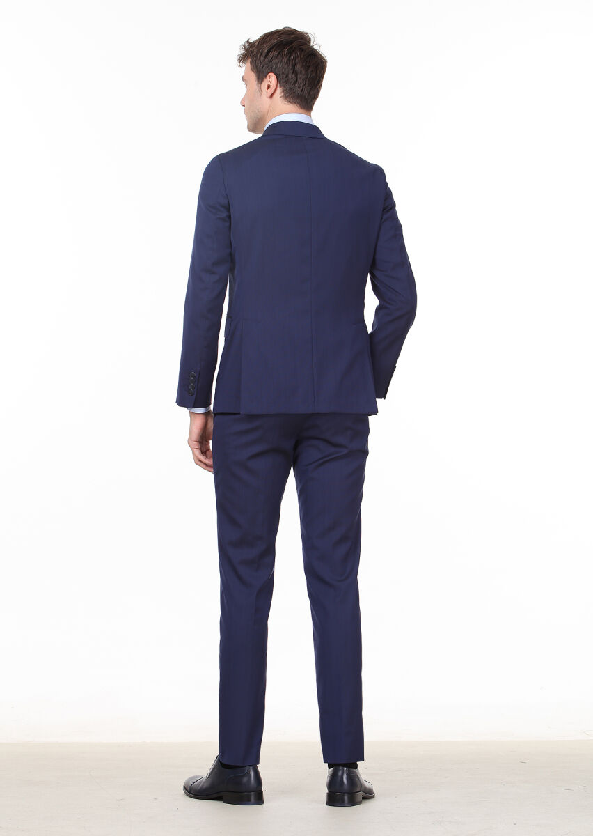 Navy Blue Micro Shirt Sholuder-Slim Fit Wool Blended Suit - 4