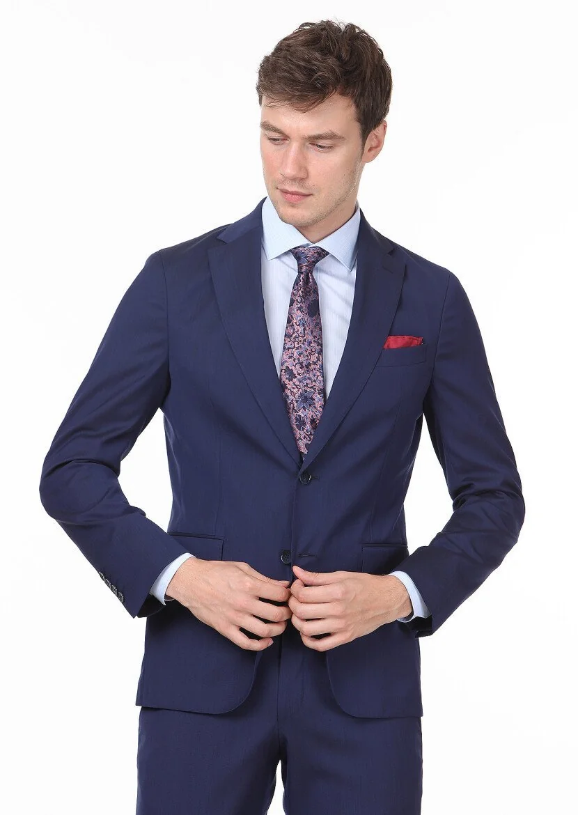 Navy Blue Micro Shirt Sholuder-Slim Fit Wool Blended Suit - 1