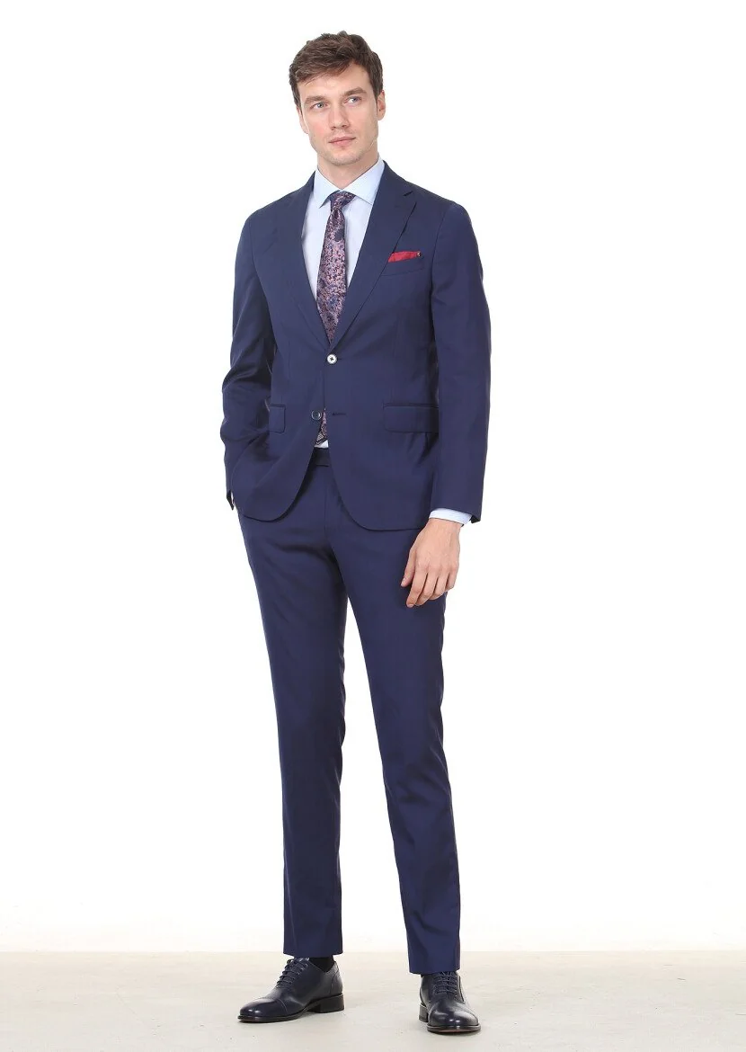 Navy Blue Micro Shirt Sholuder-Slim Fit Wool Blended Suit - 2