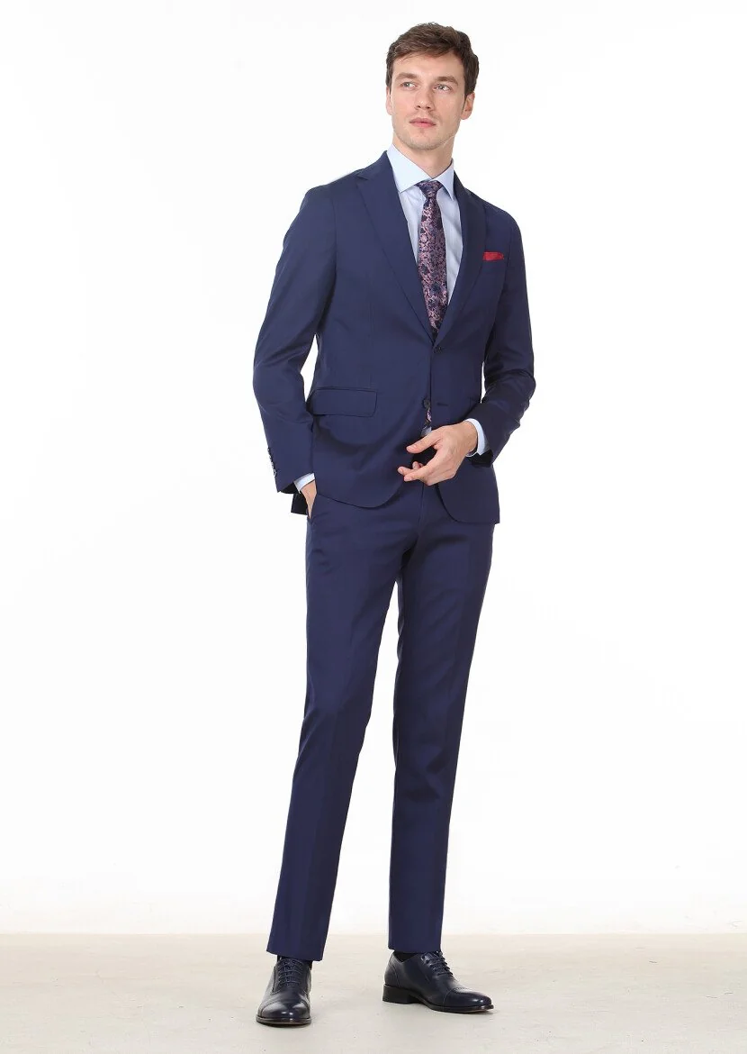 Navy Blue Micro Shirt Sholuder-Slim Fit Wool Blended Suit - 3