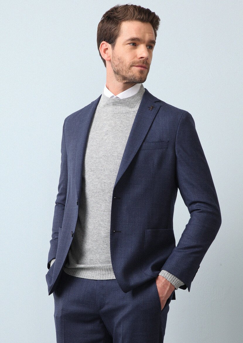 Navy Blue Micro Shirt Shoulder Slim Fit Eco Friendly 100% Wool Suit - 1