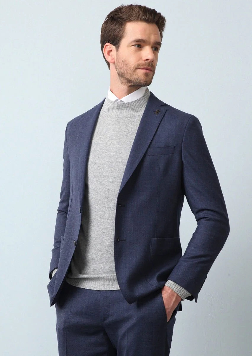 Navy Blue Micro Shirt Shoulder Slim Fit Eco Friendly 100% Wool Suit - 1