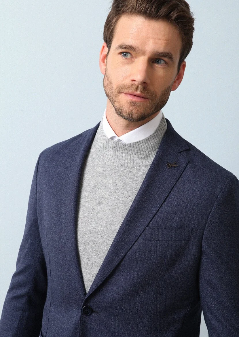 Navy Blue Micro Shirt Shoulder Slim Fit Eco Friendly 100% Wool Suit - 2