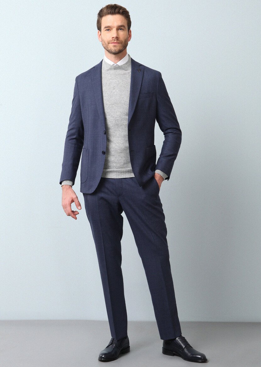 Navy Blue Micro Shirt Shoulder Slim Fit Eco Friendly 100% Wool Suit - 3