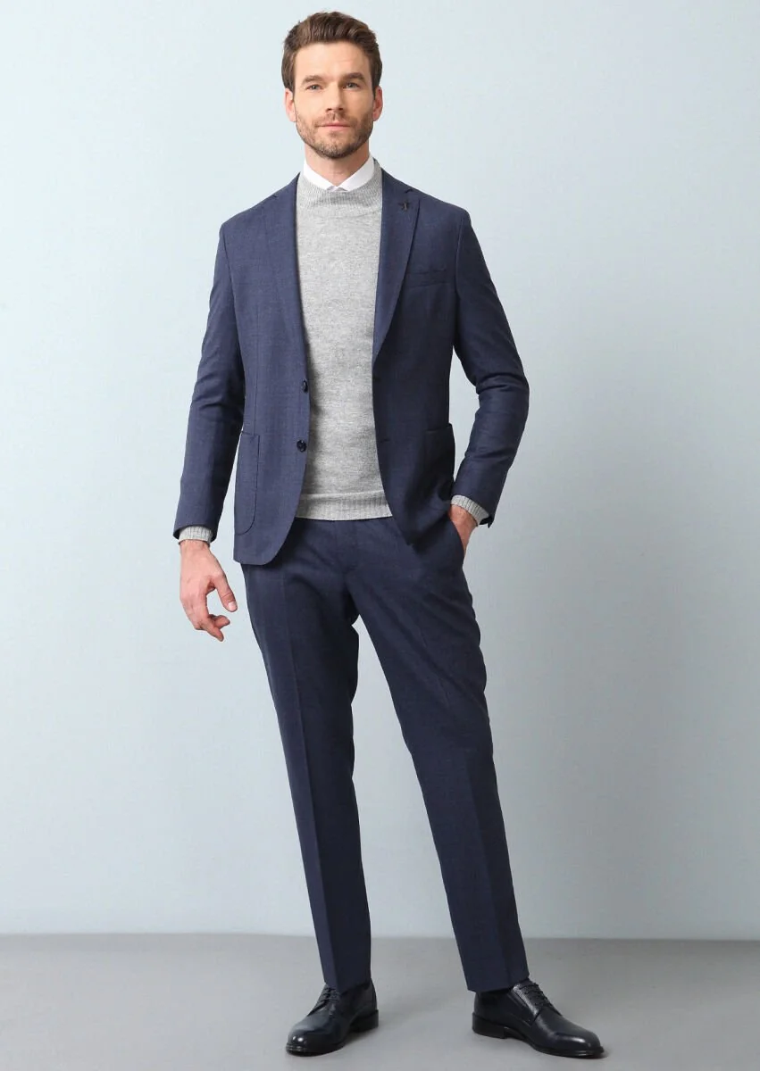 Navy Blue Micro Shirt Shoulder Slim Fit Eco Friendly 100% Wool Suit - 3