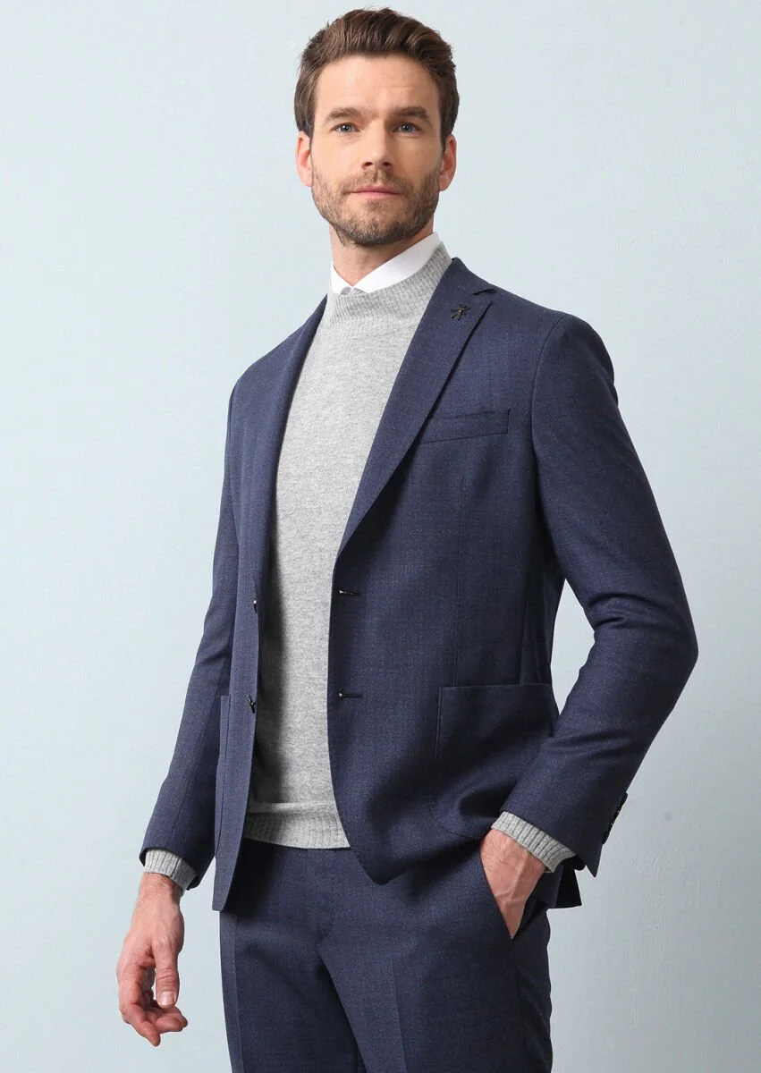 Navy Blue Micro Shirt Shoulder Slim Fit Eco Friendly 100% Wool Suit - 4