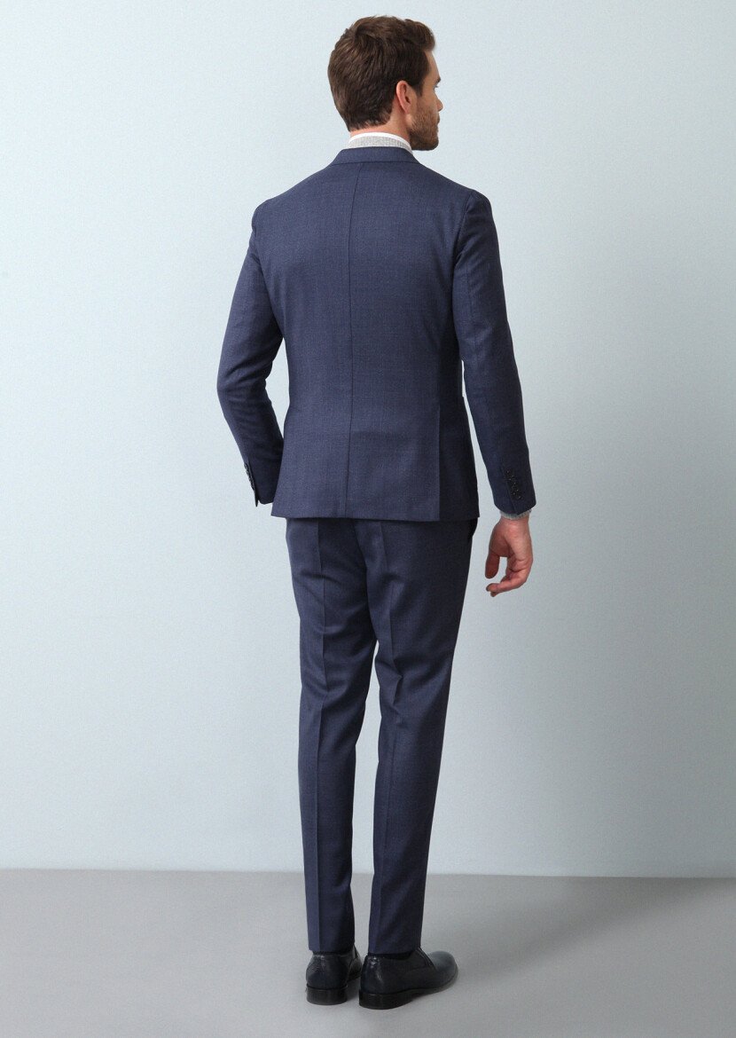 Navy Blue Micro Shirt Shoulder Slim Fit Eco Friendly 100% Wool Suit - 5