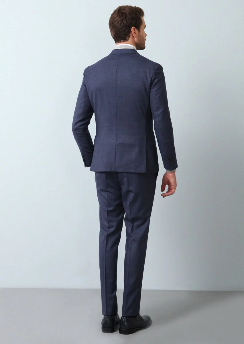 Navy Blue Micro Shirt Shoulder Slim Fit Eco Friendly 100% Wool Suit - 5