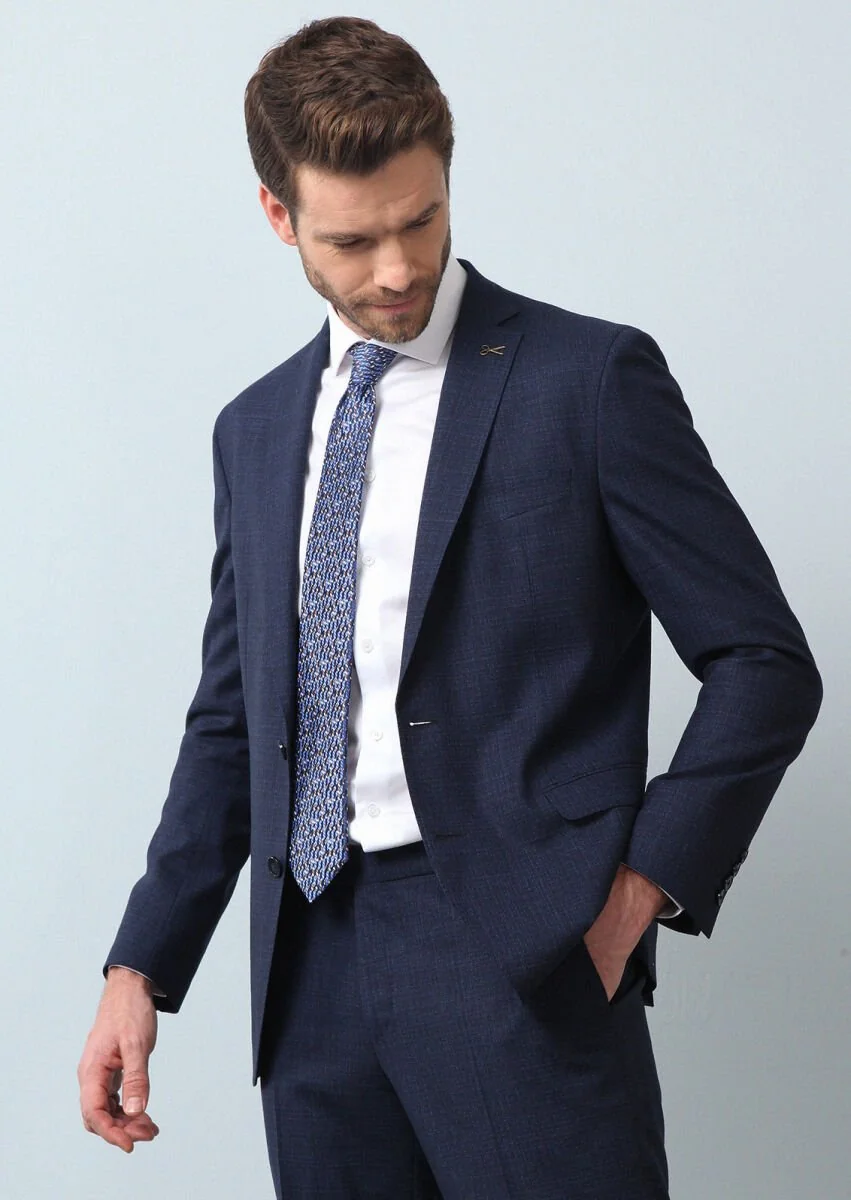 Navy Blue Micro Shirt Shoulder Slim Fit Eco Friendly 100% Wool Suit - 1