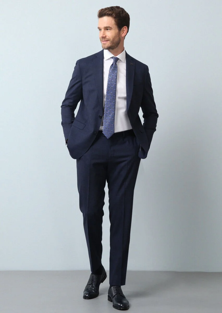 Navy Blue Micro Shirt Shoulder Slim Fit Eco Friendly 100% Wool Suit - 3