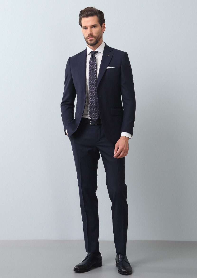 Navy Blue Micro Thin&Taller Slim Fit 100% Wool Suit - 3