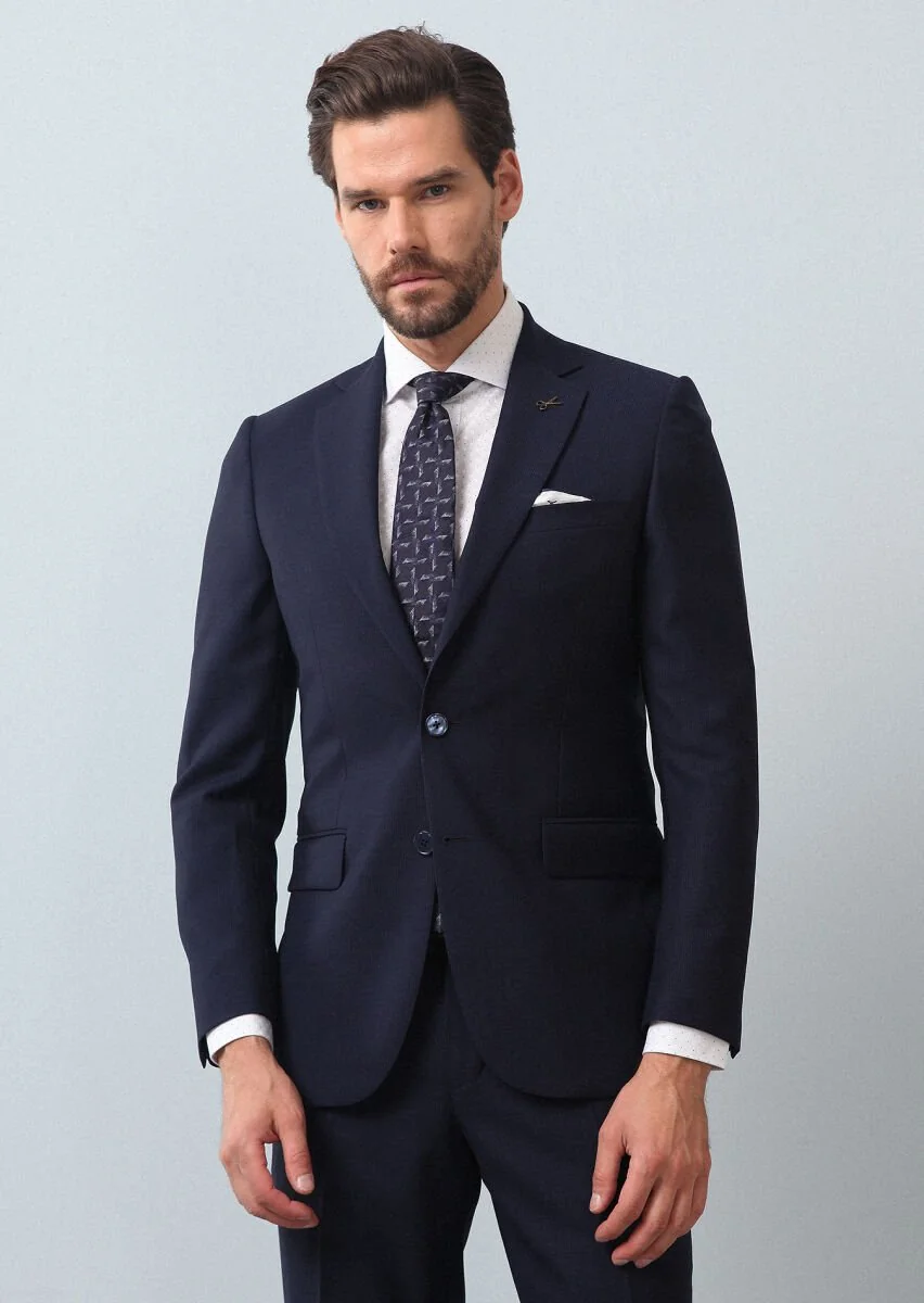 Navy Blue Micro Thin&Taller Slim Fit 100% Wool Suit - 1