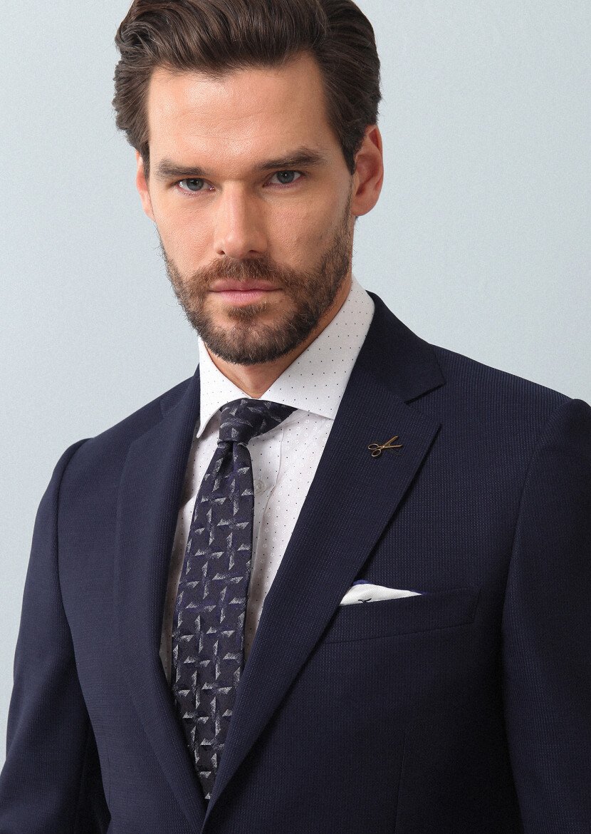 Navy Blue Micro Thin&Taller Slim Fit 100% Wool Suit - 2