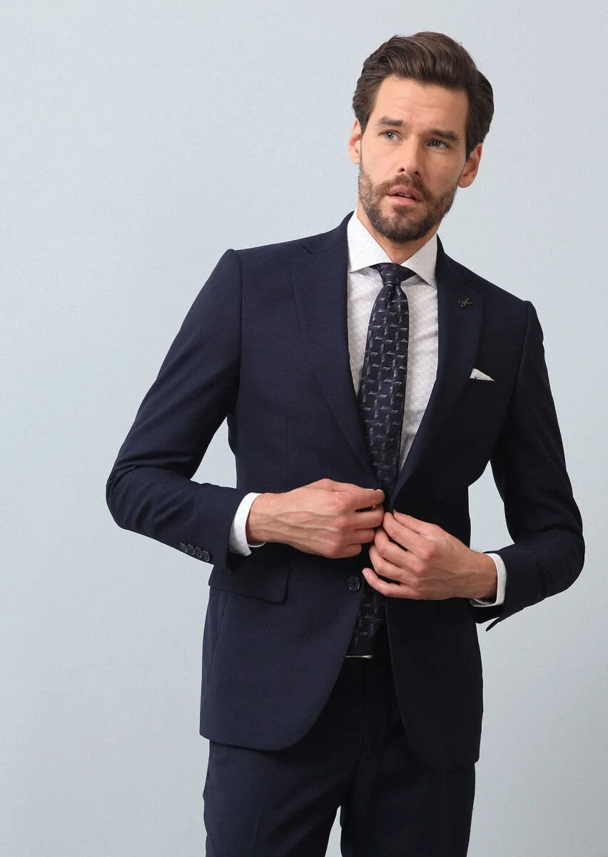 Navy Blue Micro Thin&Taller Slim Fit 100% Wool Suit - 4
