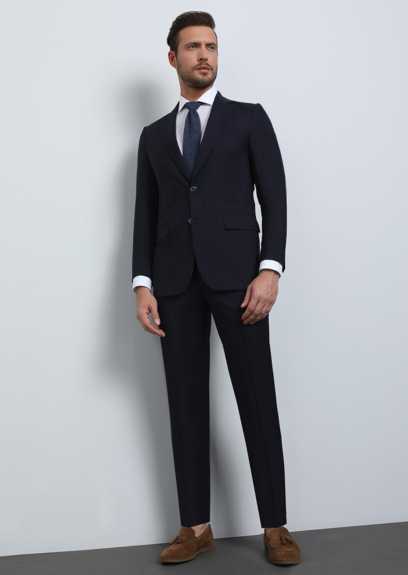 Navy Blue Micro Thin&Taller Slim Fit 100% Wool Suit - 1