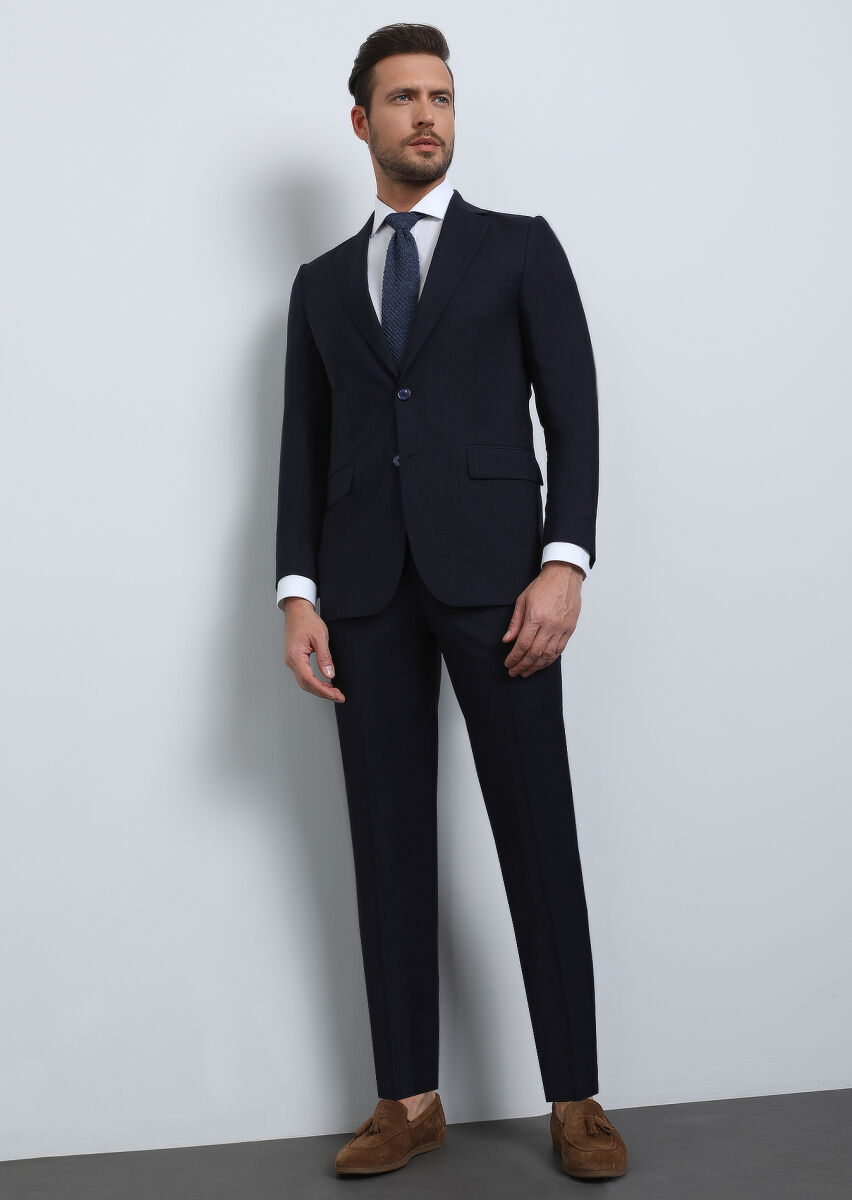 Navy Blue Micro Thin&Taller Slim Fit 100% Wool Suit - 1