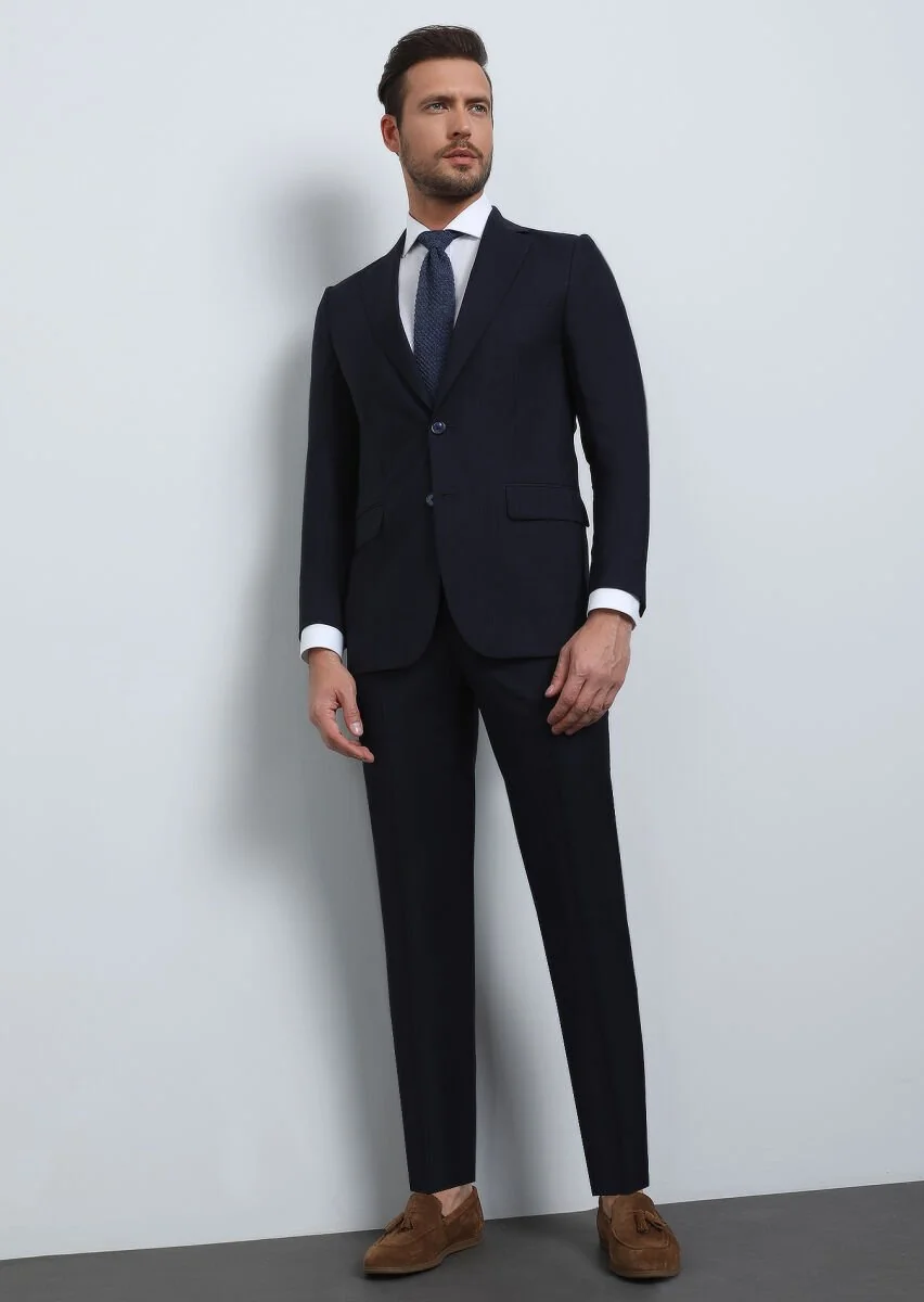 Navy Blue Micro Thin&Taller Slim Fit 100% Wool Suit - 1