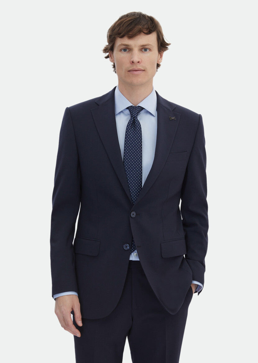 Navy Blue Micro Thin&Taller Slim Fit Wool Blended Suit - 1