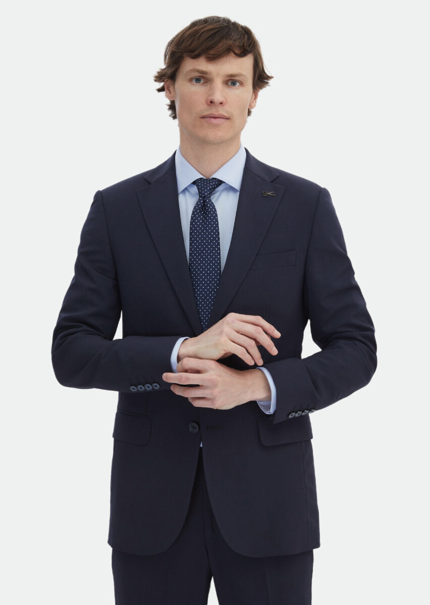 Navy Blue Micro Thin&Taller Slim Fit Wool Blended Suit - 4