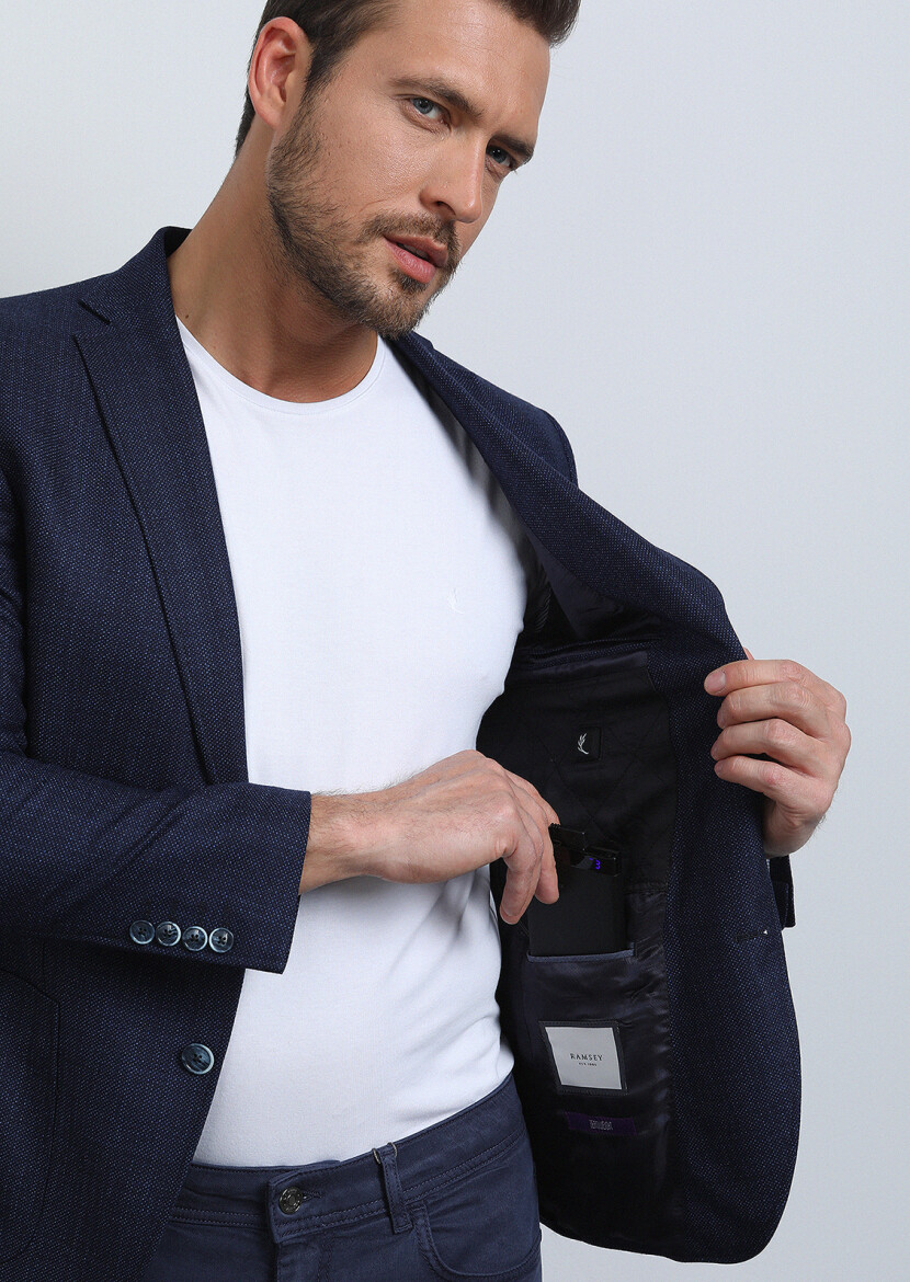 Navy Blue Micro Zeroweight Slim Fit 100% Wool Jacket - 4