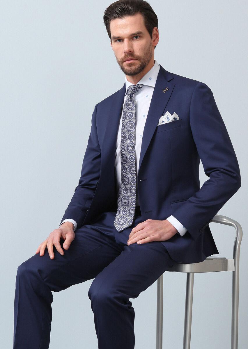 Navy Blue Micro Zeroweight Slim Fit 100% Wool Suit - 1