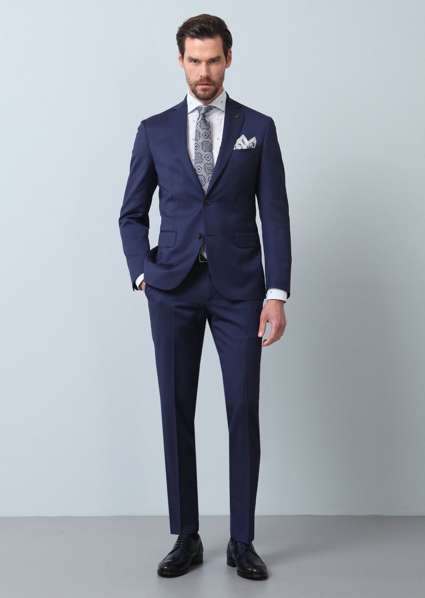 Navy Blue Micro Zeroweight Slim Fit 100% Wool Suit - 2