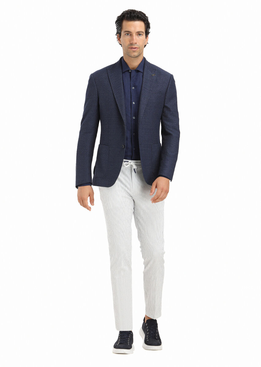 Navy Blue Micro Zeroweight Slim Fit Cotton Blended Jacket - 1