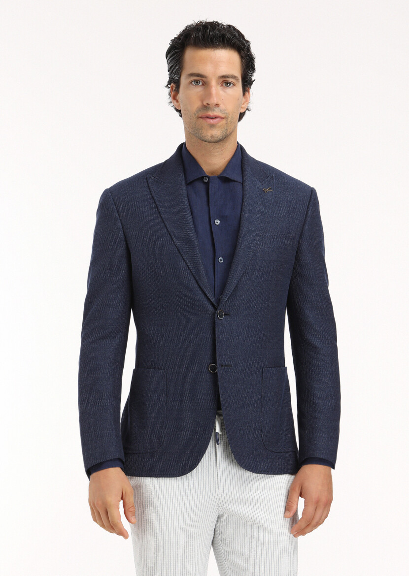 Navy Blue Micro Zeroweight Slim Fit Cotton Blended Jacket - 2