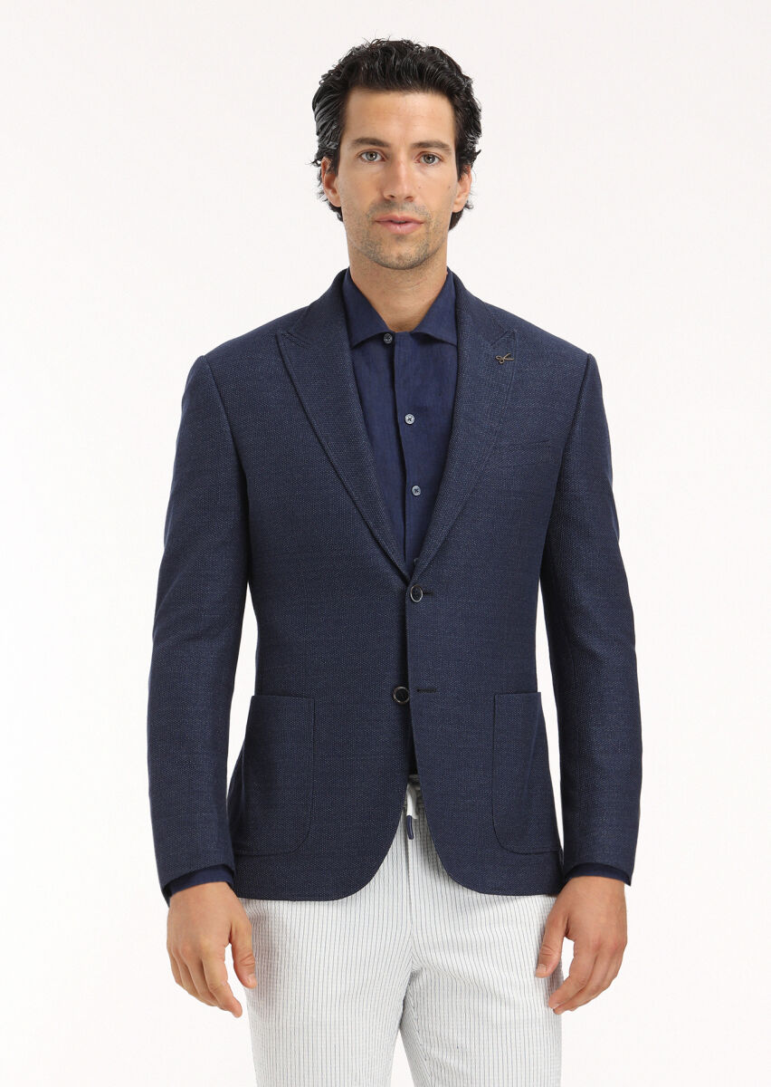 Navy Blue Micro Zeroweight Slim Fit Cotton Blended Jacket - 2