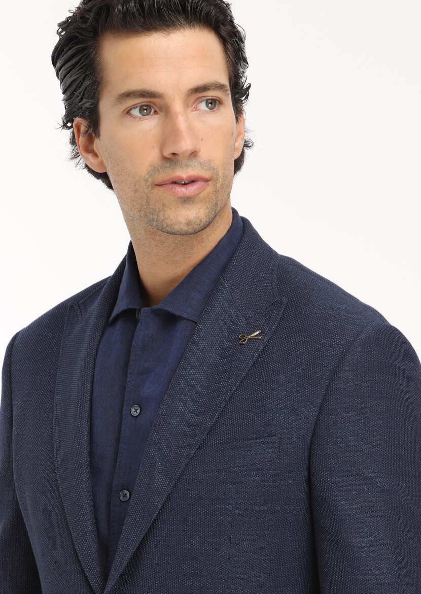 Navy Blue Micro Zeroweight Slim Fit Cotton Blended Jacket - 3