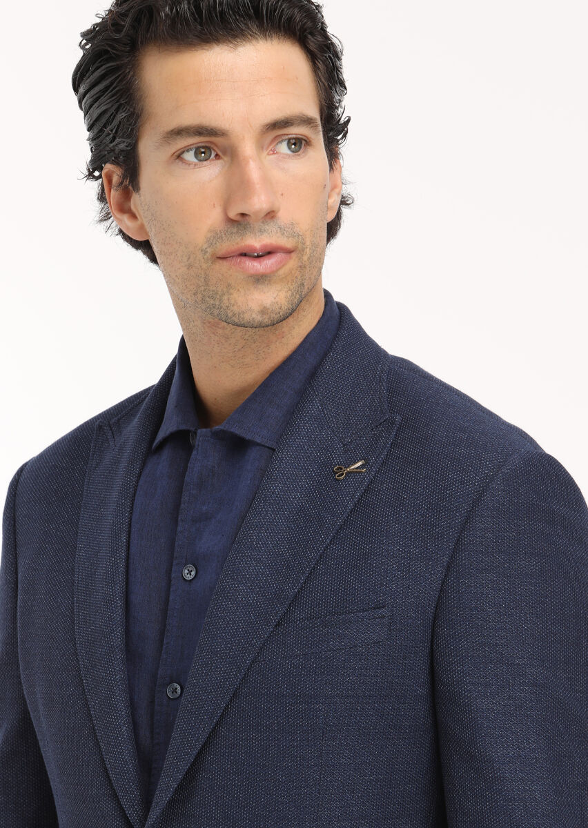 Navy Blue Micro Zeroweight Slim Fit Cotton Blended Jacket - 3