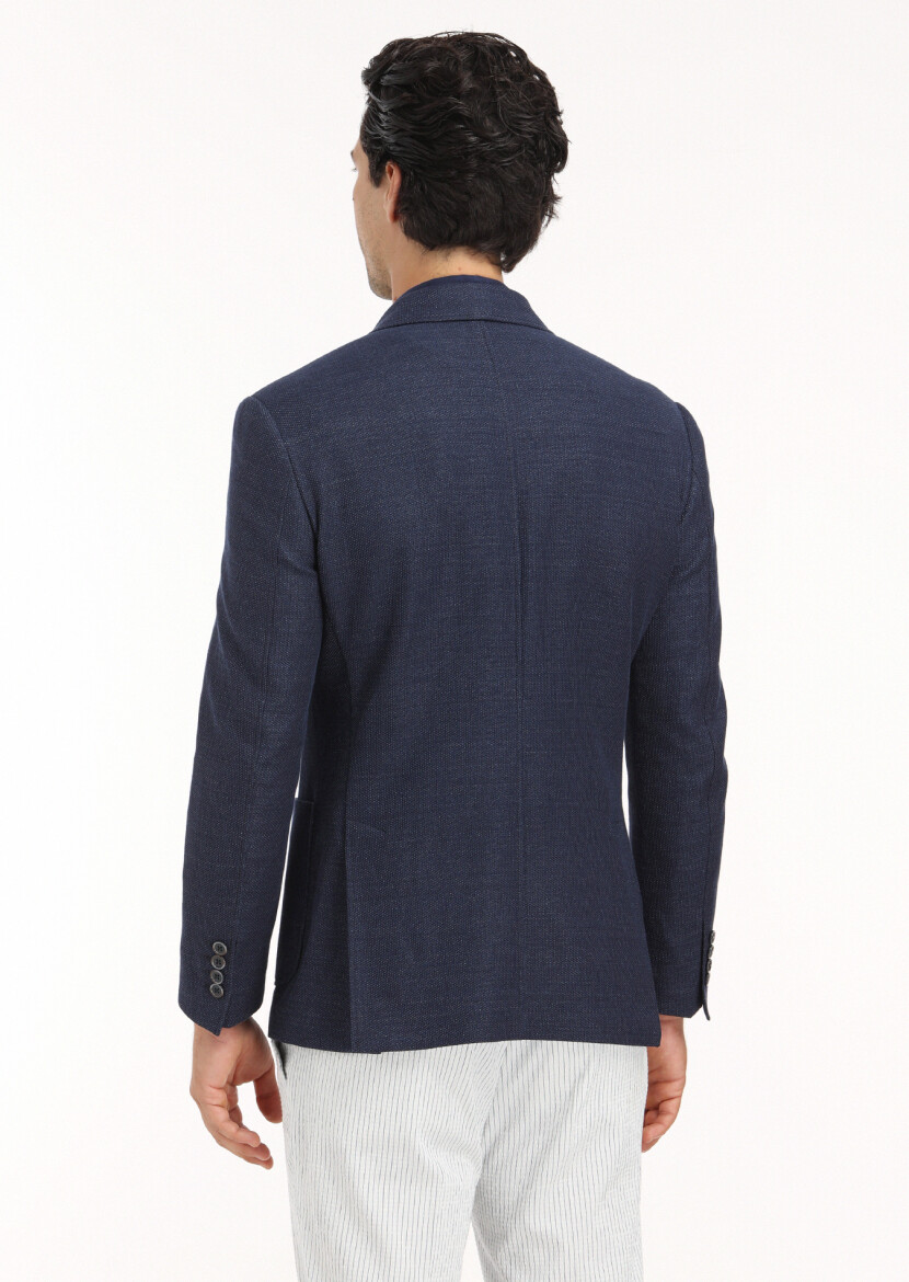 Navy Blue Micro Zeroweight Slim Fit Cotton Blended Jacket - 5
